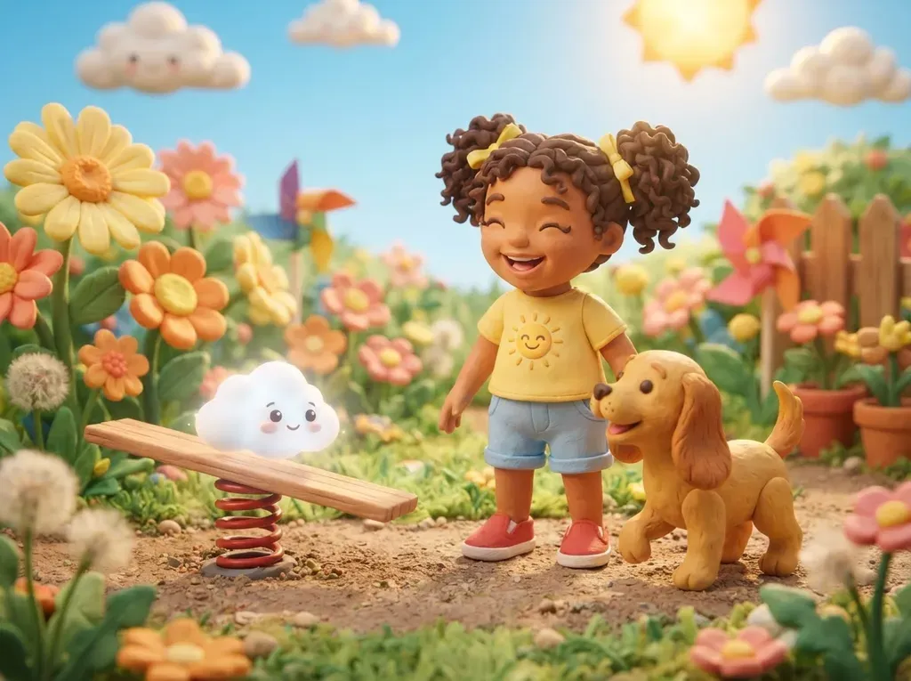A laughing girl, her puppy and a little cloud on a seesaw in a flower garden